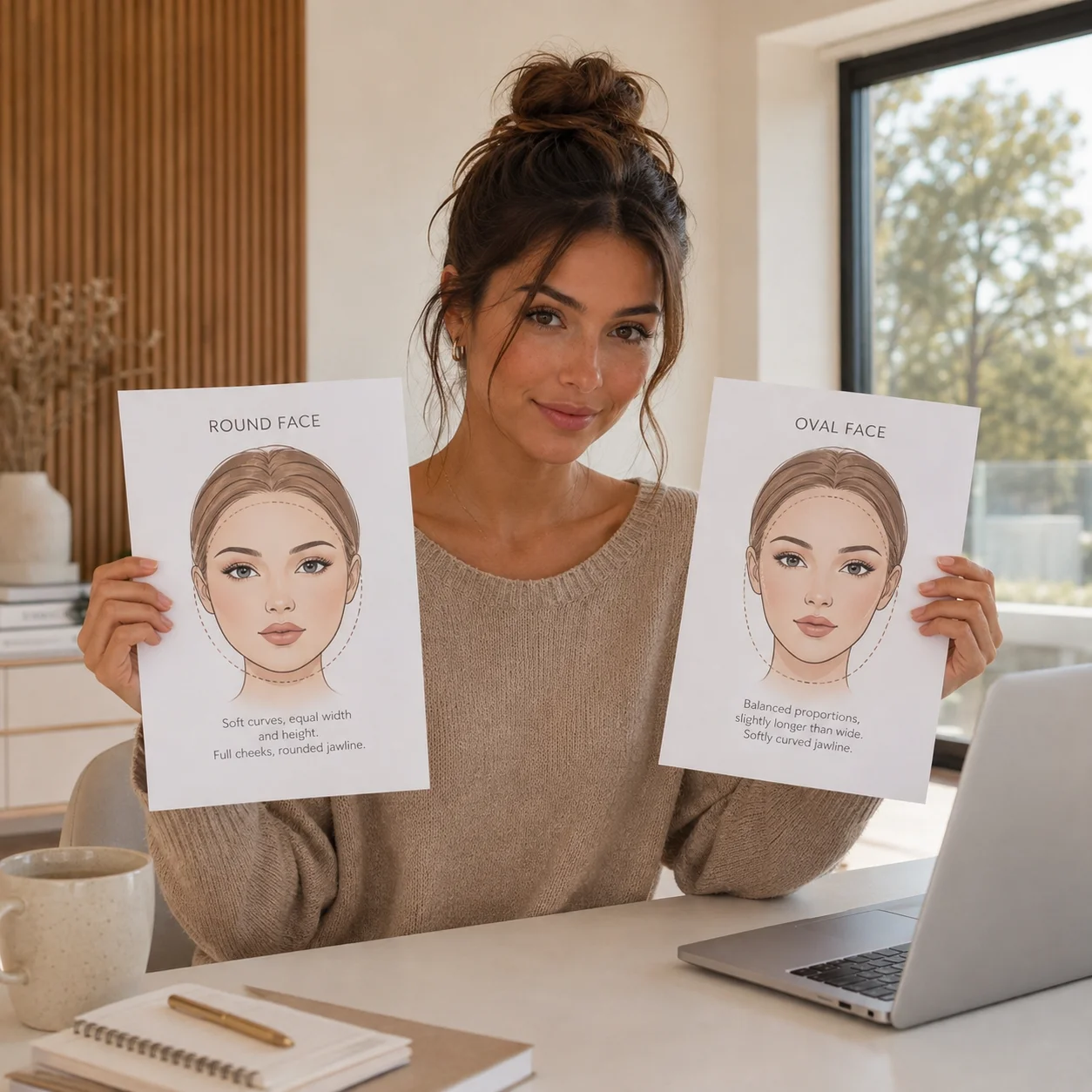 Mujer mostrando dos face charts de formas de rostro