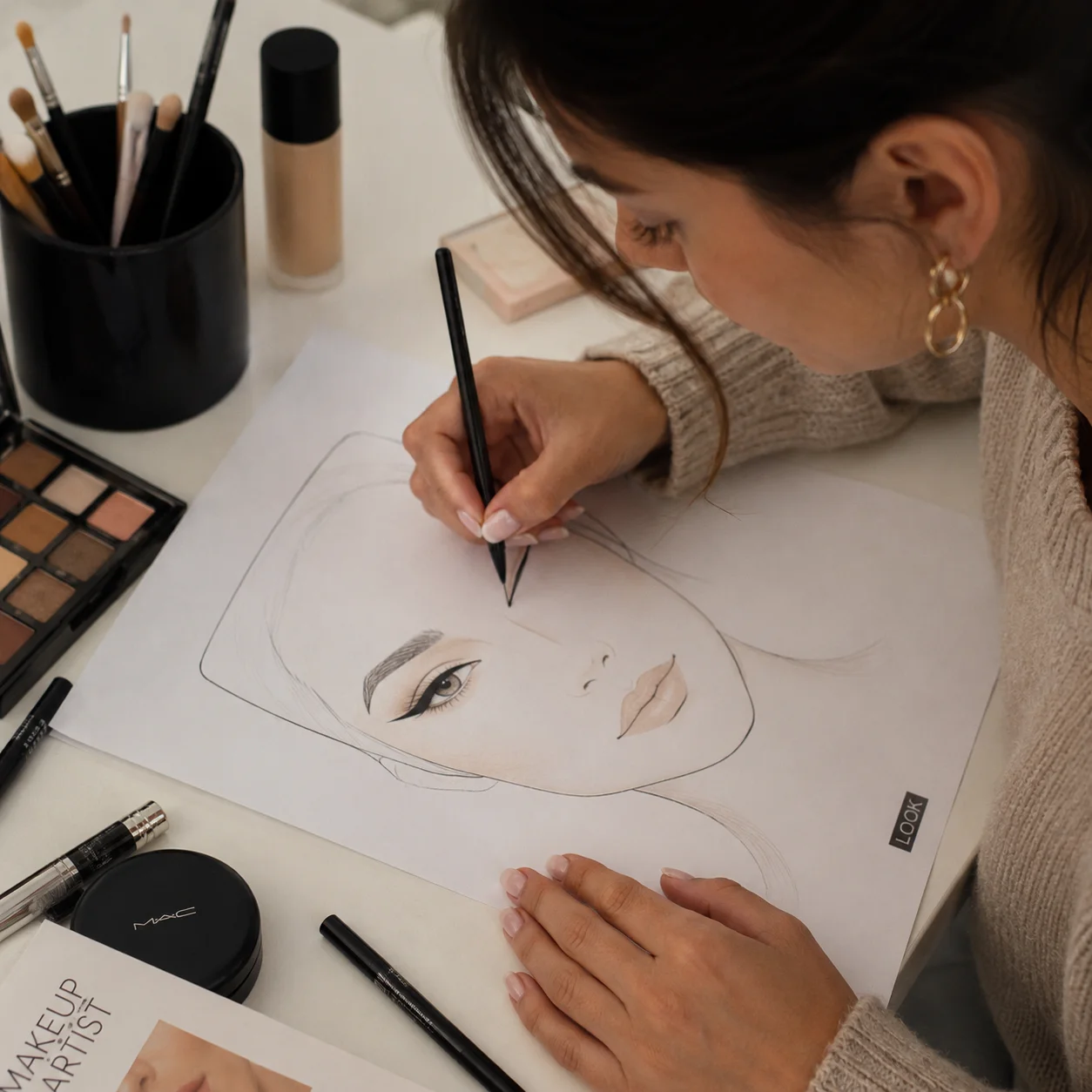 Maquilladora dibujando sobre un face chart