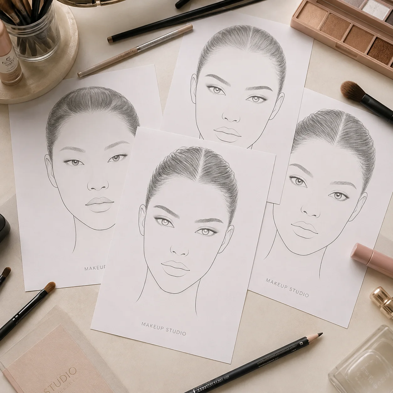 Varios face charts sobre una mesa de trabajo
