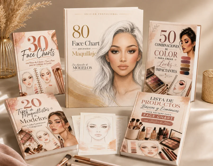 Composición del bundle: el libro de 80 face charts junto a los 4 bonos imprimibles