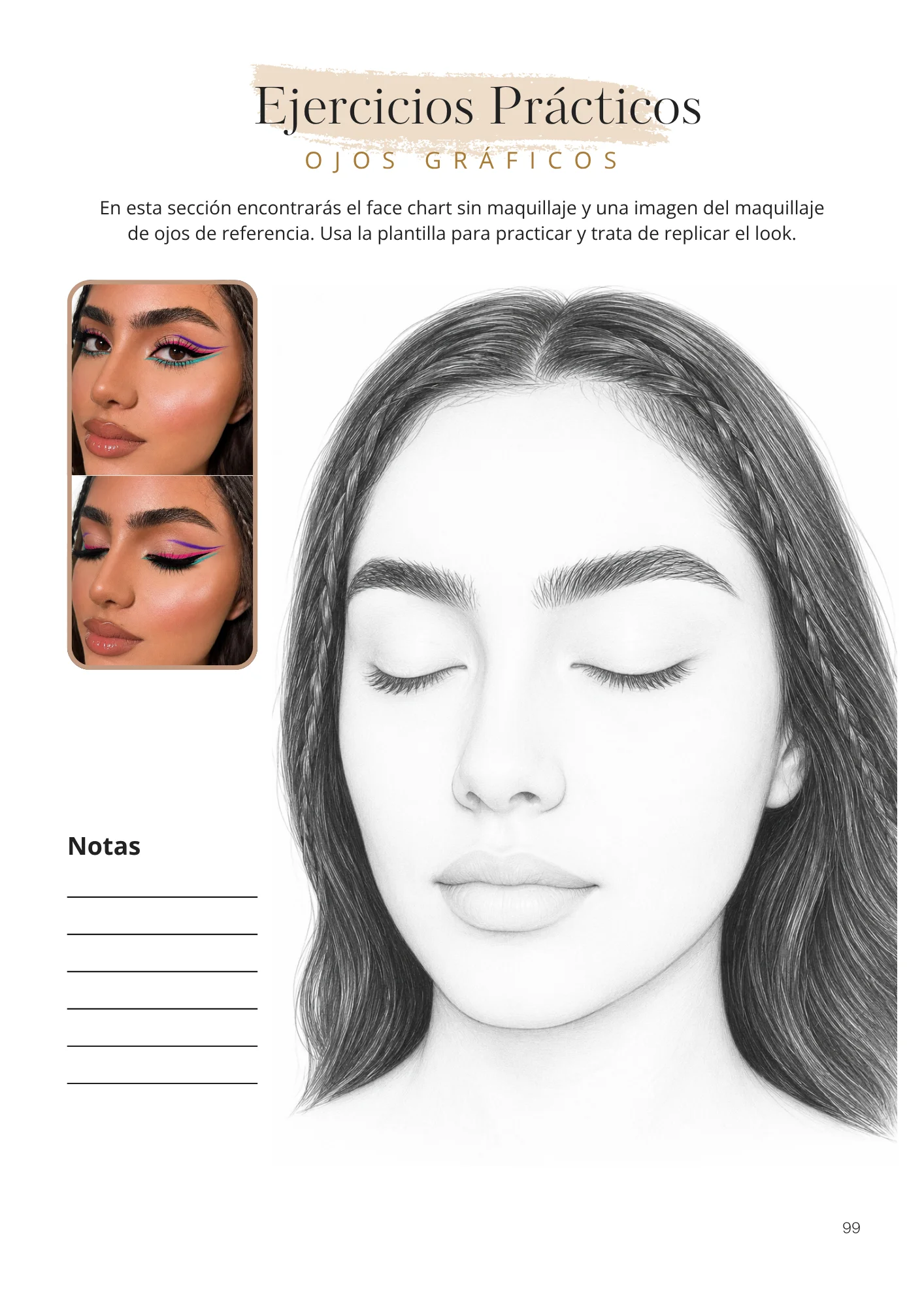 Ejercicio de ojos gráficos con face chart y maquillaje de referencia