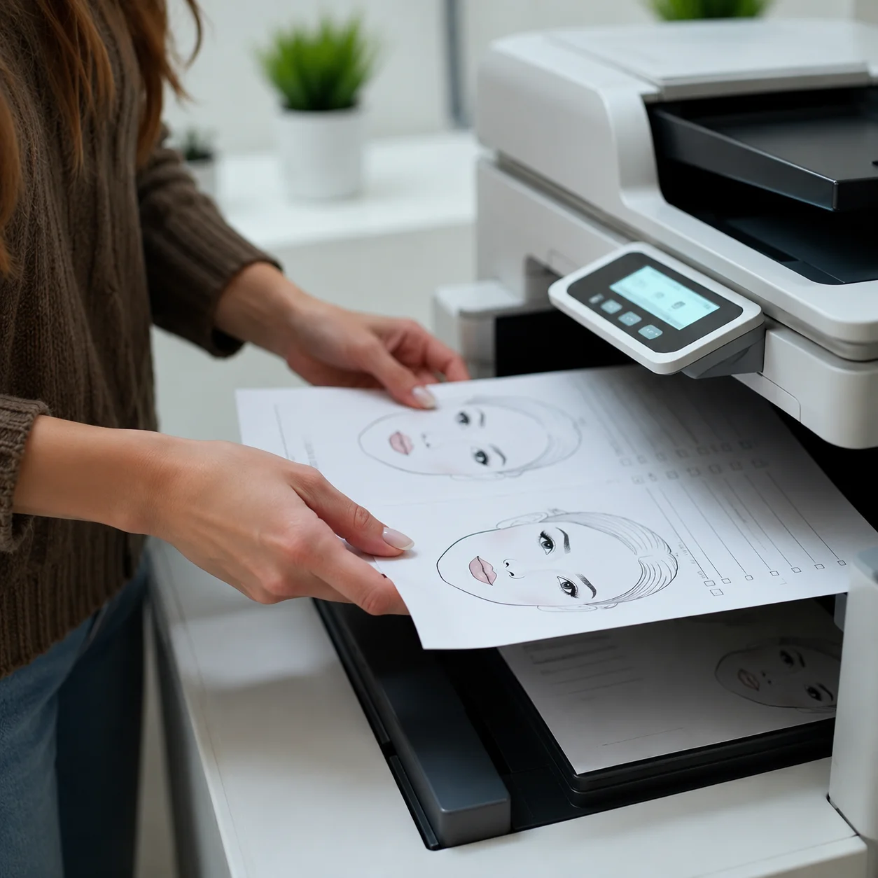 Face charts recién impresos saliendo de la impresora