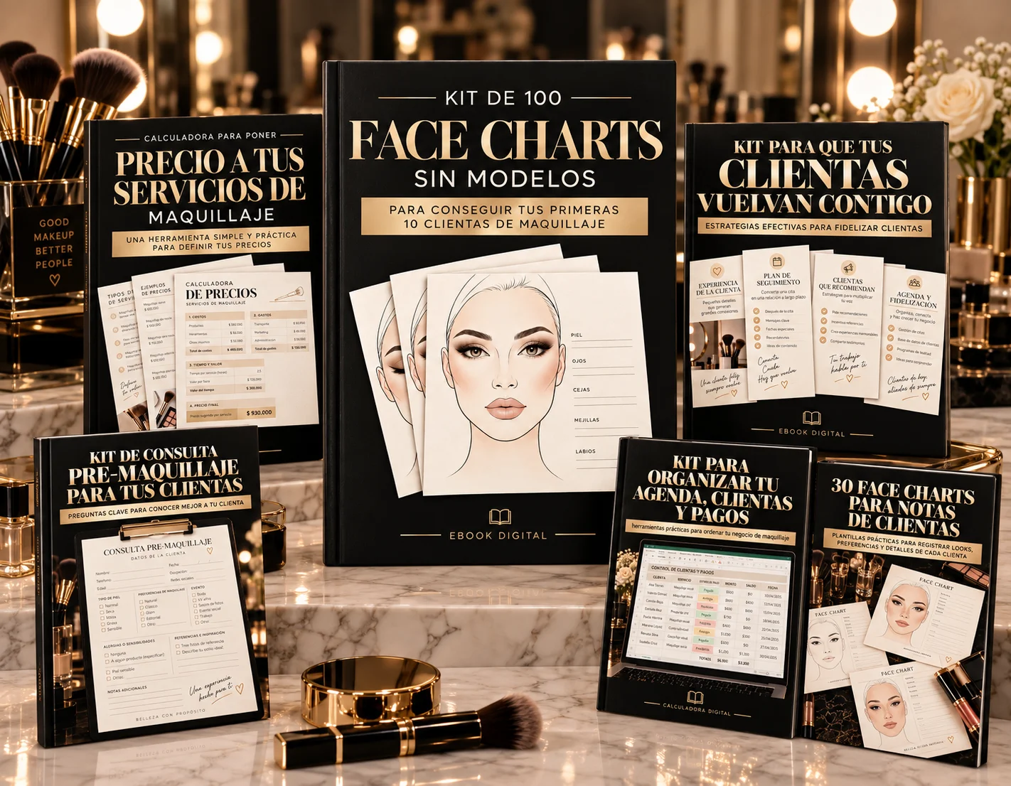 Composición del bundle: el libro de 80 face charts junto a los 4 bonos imprimibles