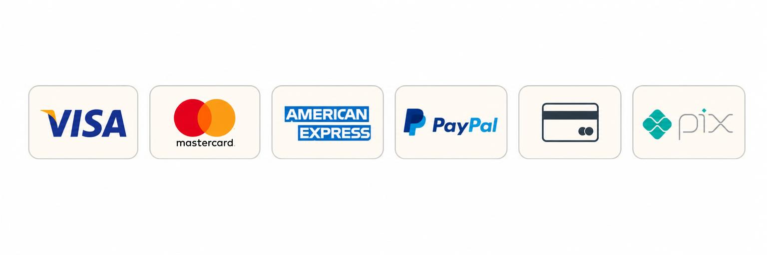 Métodos de pago disponibles: Visa, Mastercard, American Express, PayPal, tarjeta y Pix